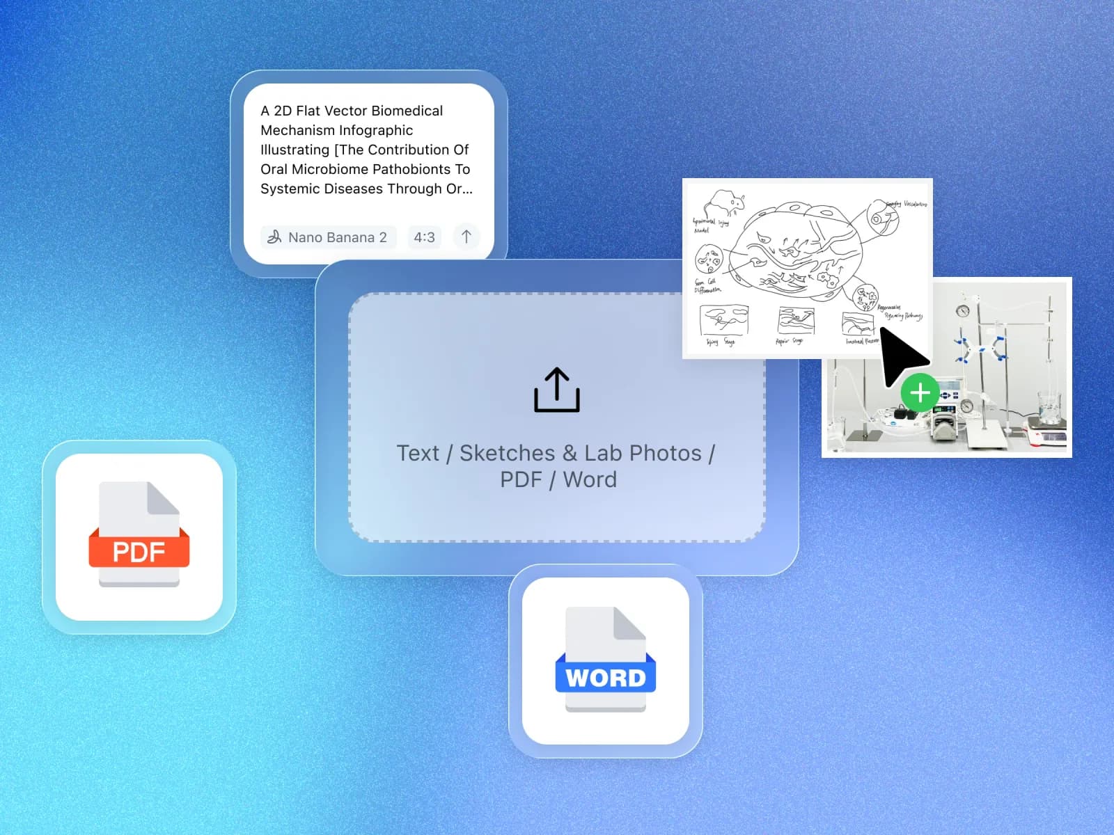 Upload text, sketches, lab photos, spreadsheets, PDFs, or reference figures